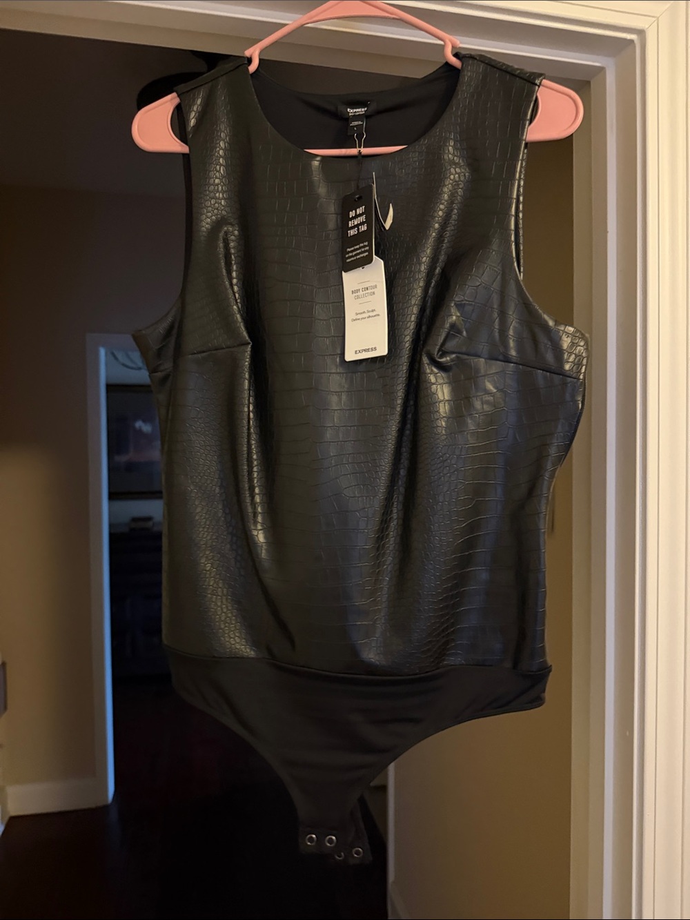 Express Black Faux Leather Croc-Texture Sleeveless Bodysuit